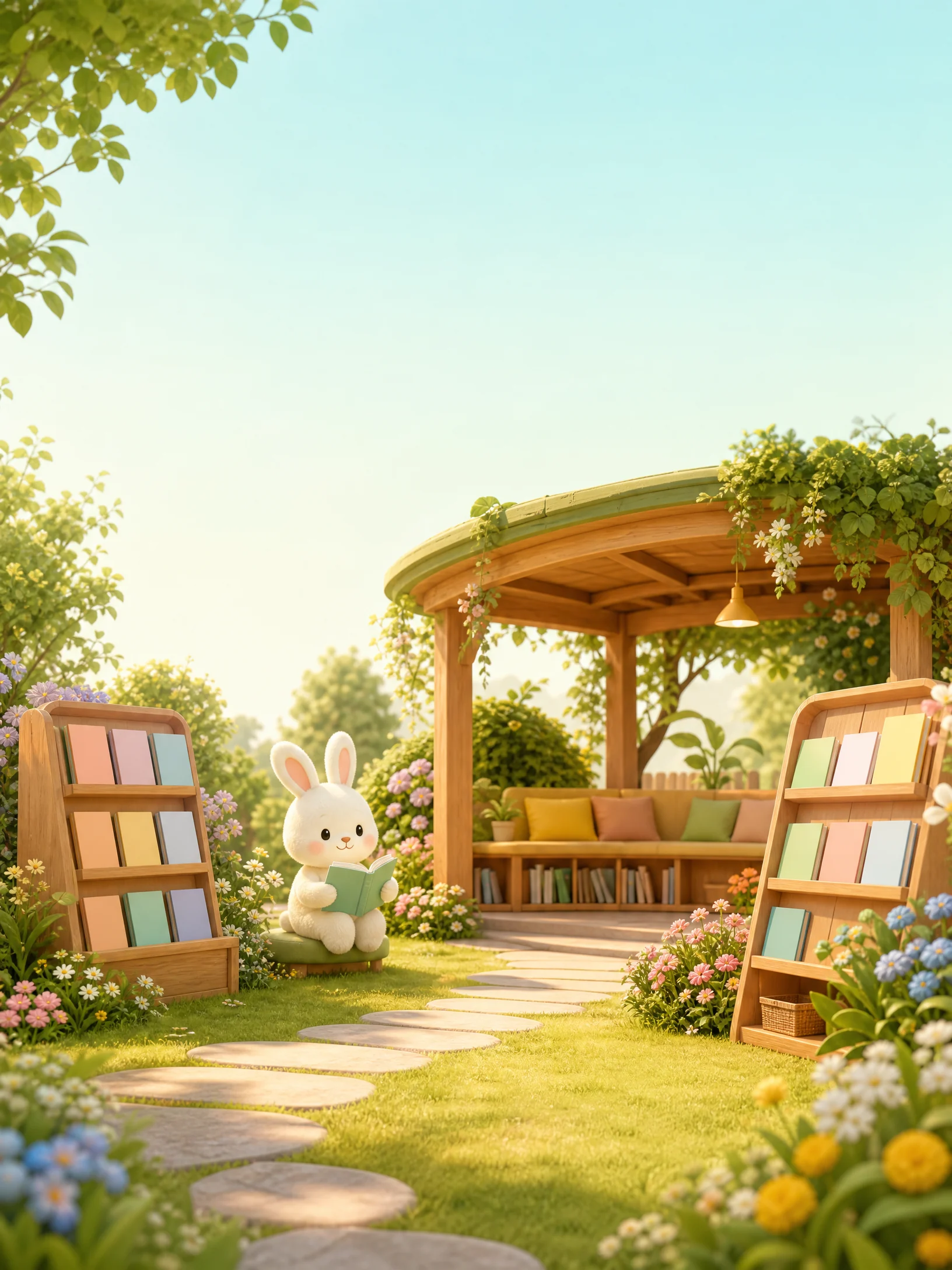 閱讀花園中的親子共讀和幼兒學習資源場景。